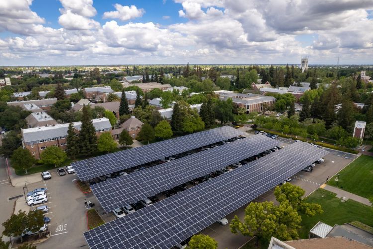 Solar canopies cover eight parking lots on the Stockton Campus, providing about 30% of the campus's energy needs.
